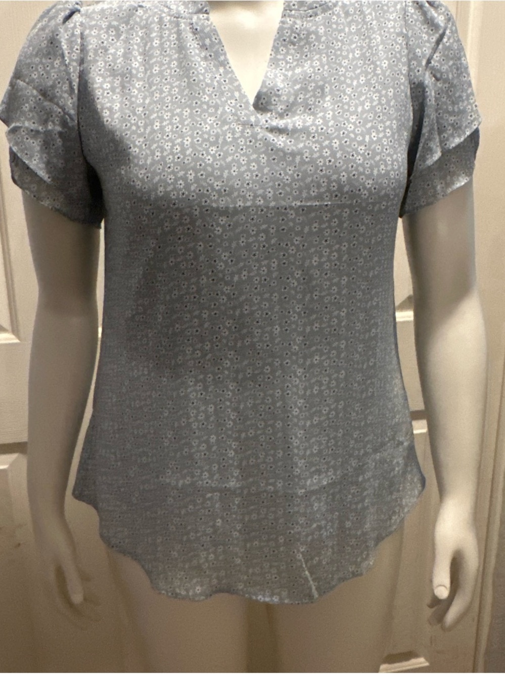 Amazon Light Blue Floral Notch Neck Short Sleeve Blouse